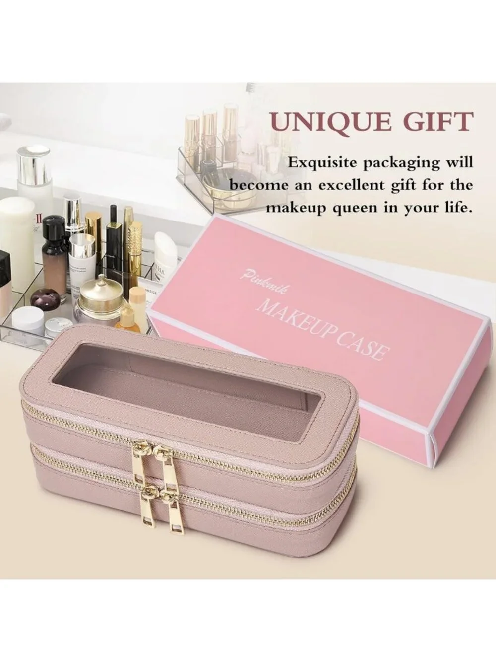 Stylish Pink Double Layer Makeup Bag | Waterproof Travel Cosmetic Organizer